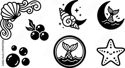 Black and white sea themed vector icons with mermaid tails shells starfish and bubbles in minimalist line art style