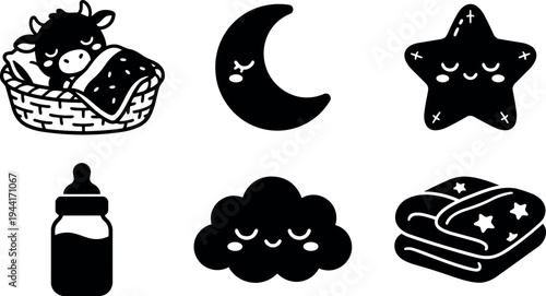 Cute sleeping baby cow in basket with milk bottle smiling moon star cloud and cozy blanket black silhouette icons