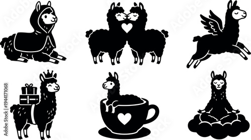 Cute black silhouette llamas in various poses including sleeping wearing hood carrying gifts kissing and meditating on cloud vector art