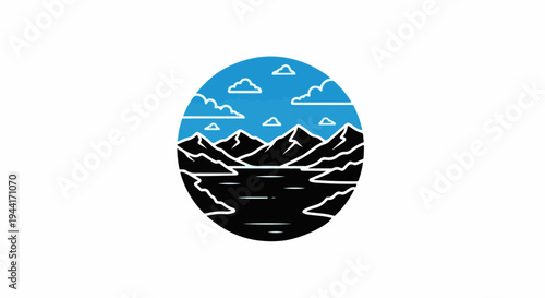 Stylized circle with mountains, water, and sky in black, white, and blue