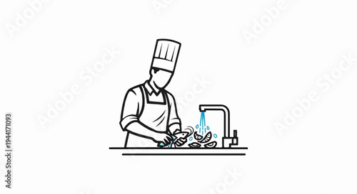 Chef preparing seafood under running water in kitchen sink