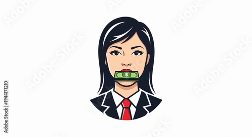 Woman with money in mouth, suit, tie, red lips, black hair