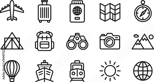 Outline icons representing various modes of travel and exploration, including an airplane, passport, map, and a cruise ship