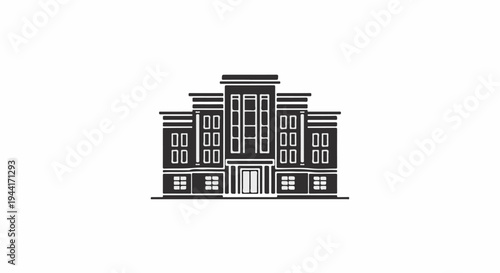 Stylized dark building with multiple windows and a central entrance