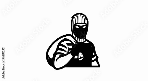 Stylized black and white cartoon of a masked burglar carrying a sack of loot