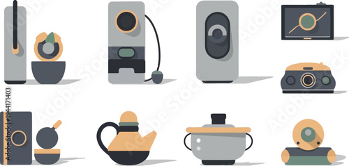 Eight flat design illustrations of various tech gadgets and kitchenware