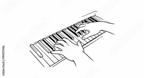 Close-up illustration of hands playing a piano keyboard with black and white keys