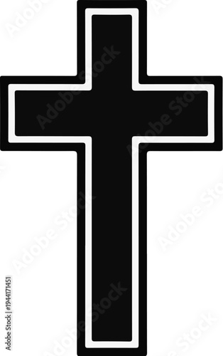 Black cross with a white outline on a white background