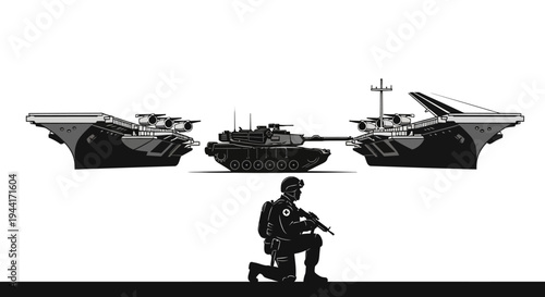 Military Soldier Kneeling with Tank and Aircraft Carriers in Pixel Art Style