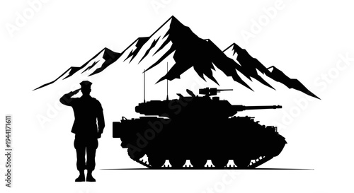 Military Soldier Saluting Beside Tank Silhouette with Mountain Background