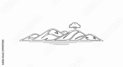 Stylized rolling hills with a lone tree and water