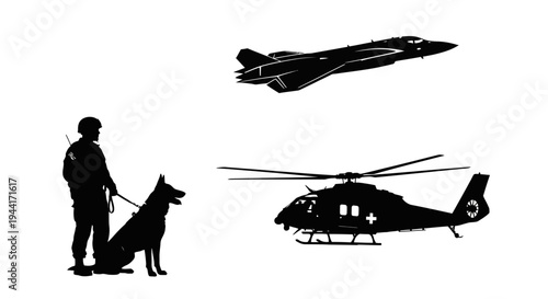 Military Soldier with Dog and Aircraft Silhouette