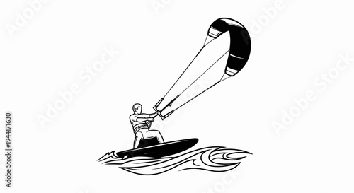 Man kitesurfing on a board with stylized waves beneath it