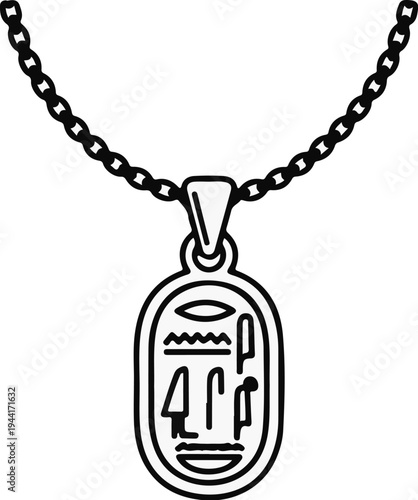 Oval amulet with ancient Egyptian hieroglyphs on a chain