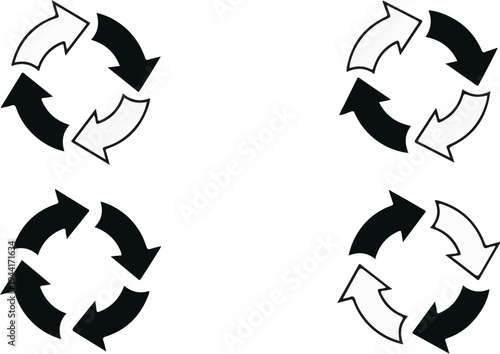 Four circular arrow icons, two black and white, two all black