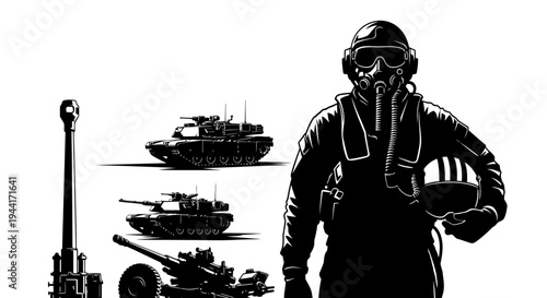 Military Soldier with Gas Mask and Tanks, Artillery, Cannon - Silhouette