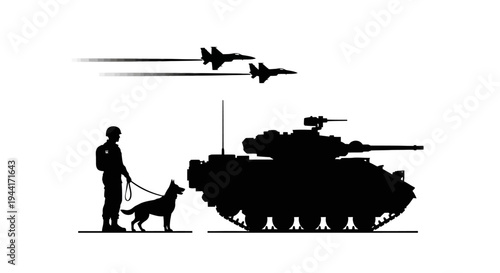 Military Soldier With Dog And Fighter Jets Silhouette