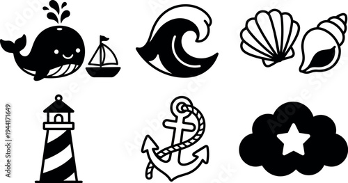 Cute whale spouting water near sailboat with ocean wave seashells lighthouse anchor and star cloud vector icons