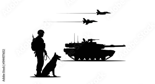 Military Soldier, Dog, Tank, and Fighter Jets Silhouette - Symbolizing Defense and Power