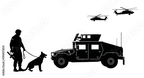 Military Soldier With K9 Unit and Humvee, Helicopters Flying Overhead