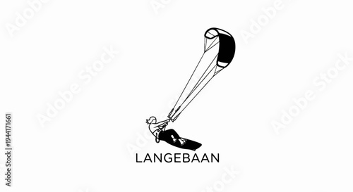 A minimalist outline of a kitesurfer in action against a white background