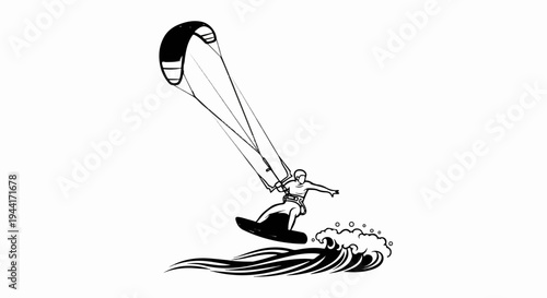 Black and white illustration of a person kiteboarding on a wave