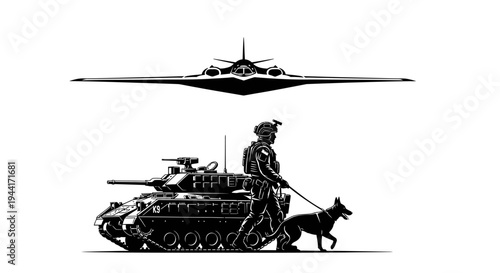 Military Soldier, K9 Unit, Tank, and Stealth Bomber Silhouette - Modern Warfare Concept