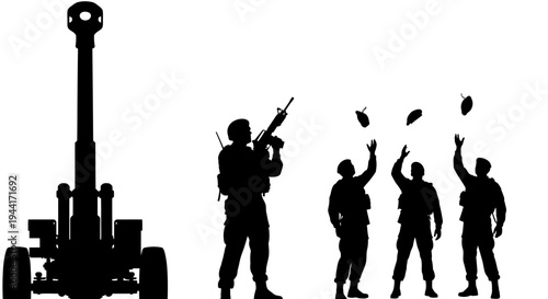 Military Soldiers Throwing Grenades near Artillery Gun Silhouette