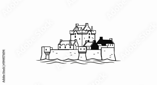 Black and white line drawing of a grand castle on a body of water