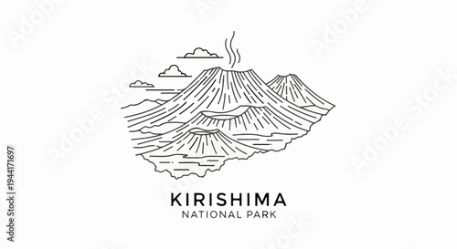 Black and white line art illustration of a volcanic mountain range with smoke