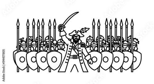 Pirate Captain Leading Army with Swords and Shields, Black and White Illustration
