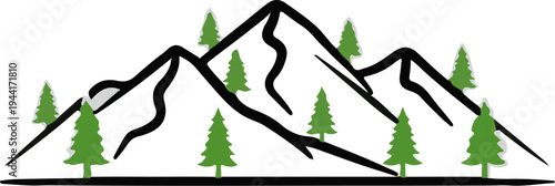 Stylized mountain range with evergreen trees and a winding path