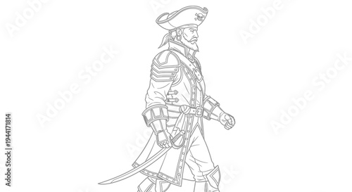 Pirate Captain Character Design, Line Art, Full Body, Walking Pose, Sword, Hat