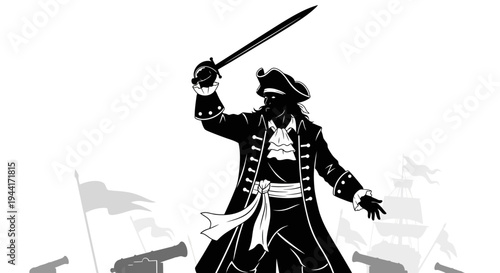 Pirate Captain Silhouette with Sword and Ships