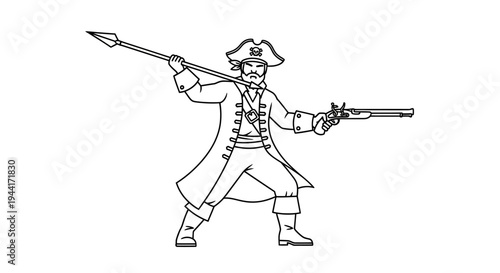 Pirate holding spear and pistol, ready for battle, historical illustration