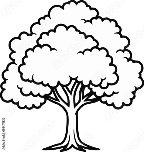 Stylized drawing of a deciduous tree with a thick trunk and bushy foliage