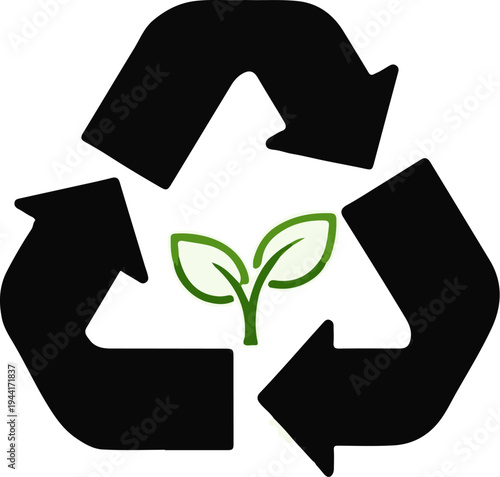 Black recycling symbol with a green sprout at its center