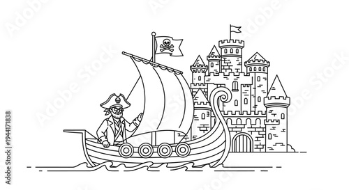 Pirate Viking Ship Sailing Towards Castle with Jolly Roger Flag