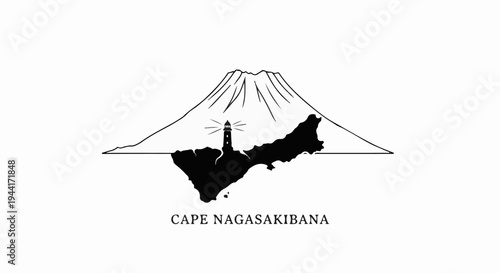Stylized silhouette of a mountain above a landmass with a lighthouse