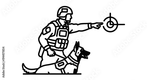 Police Officer with K9 Unit Dog Points to Target, Security and Law Enforcement Concept