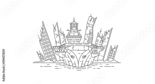 Post-Apocalyptic Aircraft Carrier Amidst Ruined Cityscape - Line Art