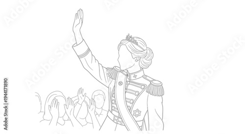 Queen Waving to Crowd in Military Uniform, Crown, Royal, Celebration