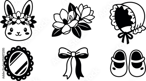 Black and white vector art set featuring bunny face with flower crown floral bouquet baby bonnet mirror bow and baby shoes design icons