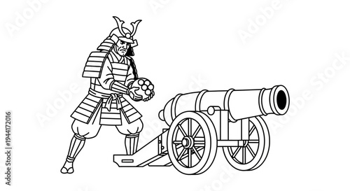 Samurai Warrior Loading Cannon with Cannonballs, Historical Warfare Illustration
