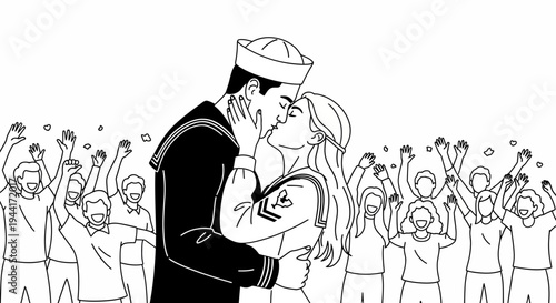 Sailor Kissing Girlfriend Amidst Cheering Crowd, Homecoming Celebration