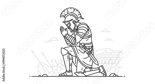 Roman soldier kneeling in prayer before battle, Colosseum in background