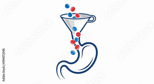 Pills are poured into a funnel leading to a stomach illustration