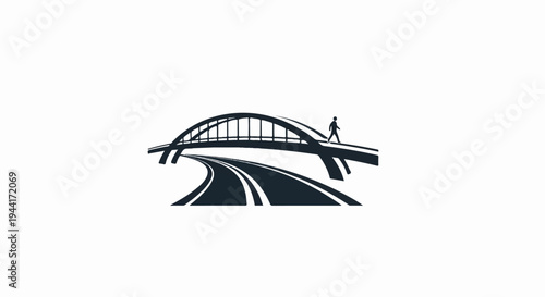 A solitary figure walks across an arched bridge over a roadway