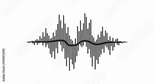 Black and white audio waveform graphic with amplitude and frequency variations