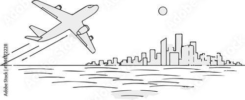 Airplane ascending over a cityscape and ocean at sunset